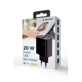 GEMBIRD USB ātrais lādētājs - A un C tipa 2 porti 20W - Melns