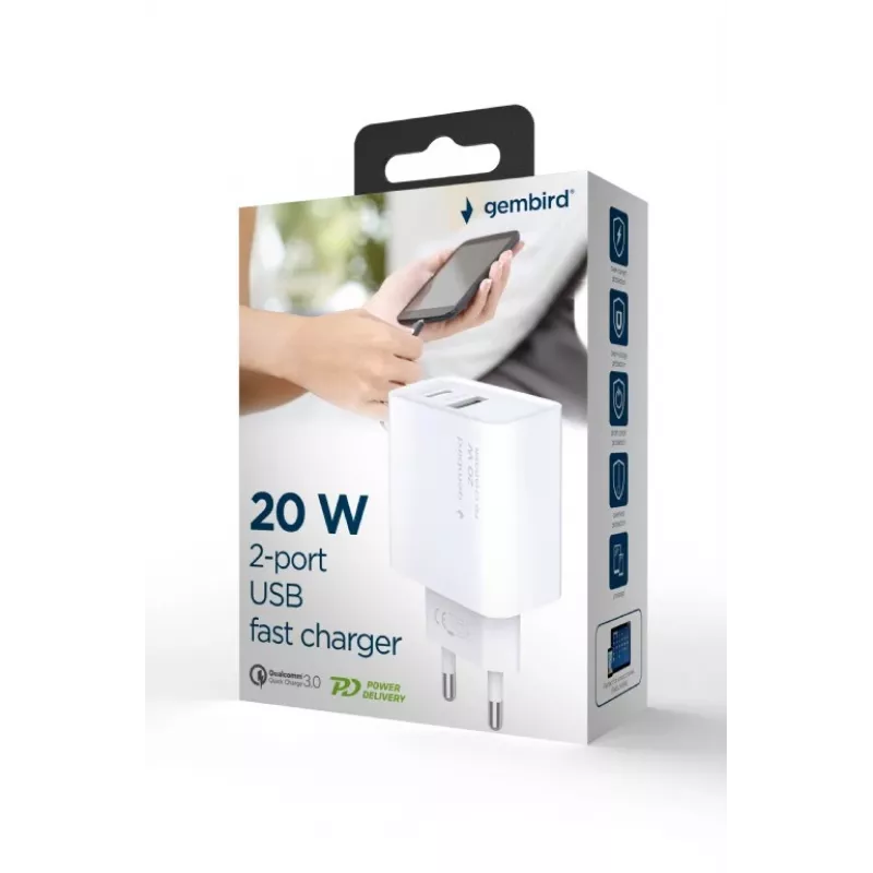 GEMBIRD USB ātrais lādētājs - 2 porti (Type A un C) 20W - Balts