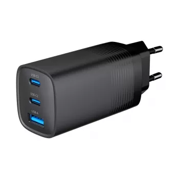GEMBIRD USB ātrais lādētājs - Type A & C 3 Porti 65W, QC 3.0 & PowerDelivery, GaN - Melns