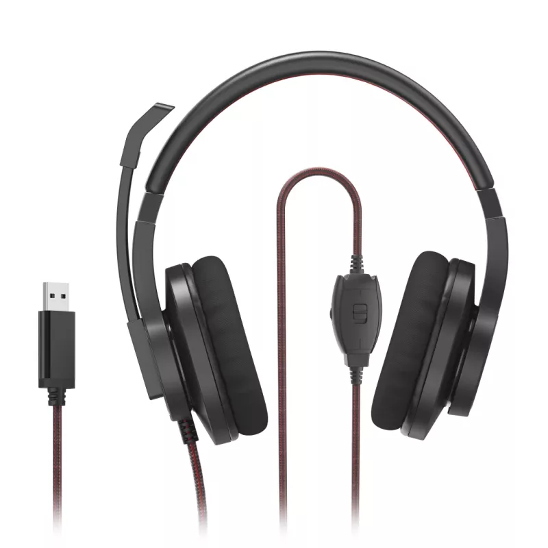Hama HS-USB400 V2 austiņas ar mikrofonu, vadu, biroja/zvanu centram, USB-A, melna, sarkana