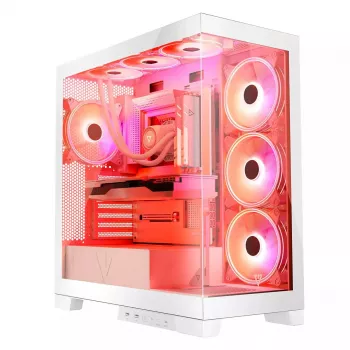 PC korpuss MODECOM Volcano SPACE APEX ARGB MIDI Tower Balts — tērauds, sānu logs, ARGB ventilatori, USB-C
