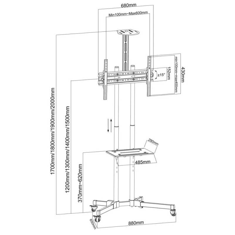 Techly ICA-TR216T mobilais TV statīvs uz ritenīšiem 37–70 collu (līdz 177,8 cm) ekrāniem, līdz 50 kg, 2 plaukti, melns