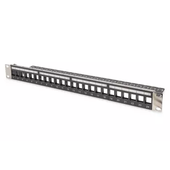 DIGITUS Modular Patch Panel, ekranēts 24-portu, tukšs, 1U, Rack Mount, melns ar caurspīdīgiem marķējumu laukiem