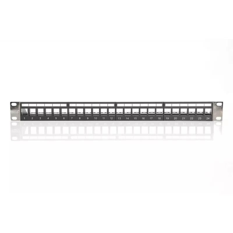 DIGITUS Modular Patch Panel, ekranēts 24-portu, tukšs, 1U, Rack Mount, melns ar caurspīdīgiem marķējumu laukiem