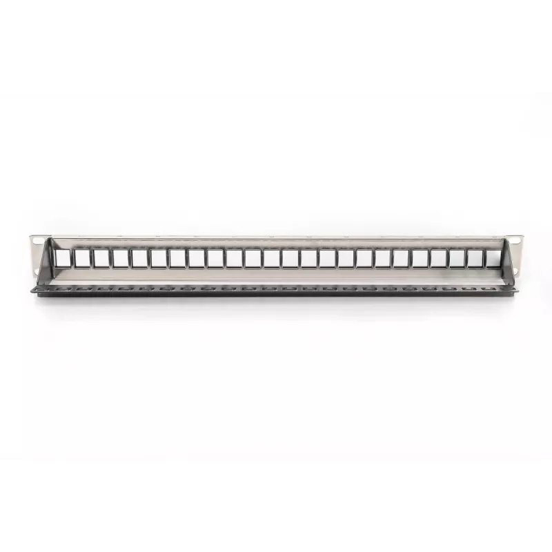 DIGITUS Modular Patch Panel, ekranēts 24-portu, tukšs, 1U, Rack Mount, melns ar caurspīdīgiem marķējumu laukiem