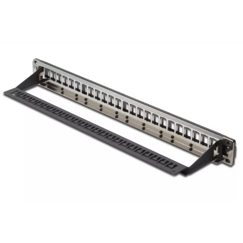 DIGITUS Modular Patch Panel, ekranēts 24-portu, tukšs, 1U, Rack Mount, melns ar caurspīdīgiem marķējumu laukiem