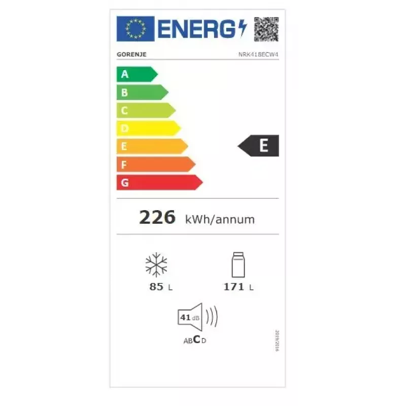 Brīvi stāvošs ledusskapis Gorenje NRK418ECW4 — 256 L kopējā ietilpība, 171 L ledusskapis, 85 L saldētava, No Frost, Multi-Airflow, balts