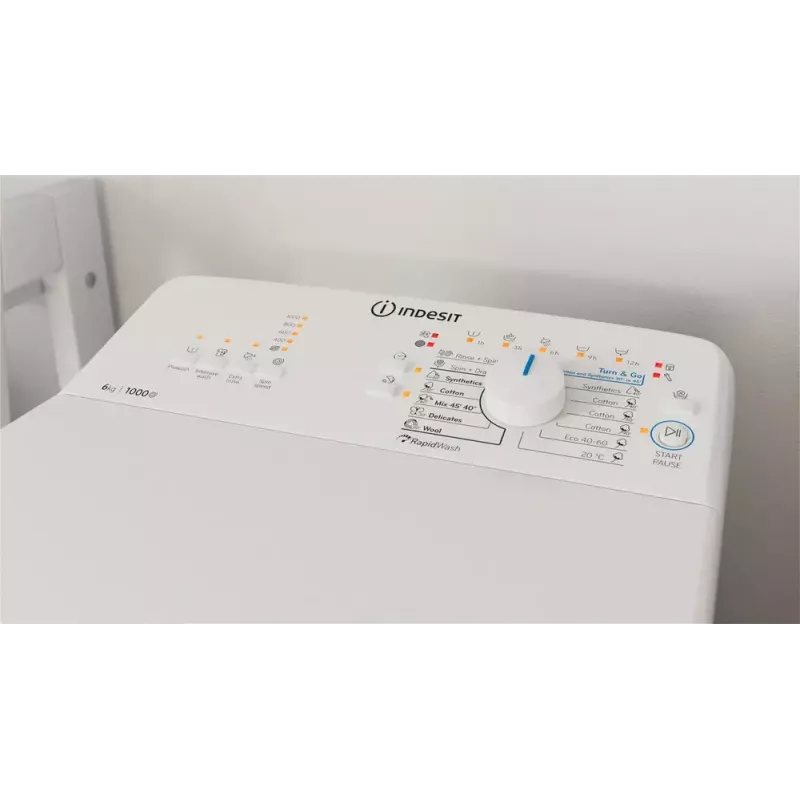 Veļas mazgājamā mašīna ar augšējo ielādi Indesit BTW L60400 EE/N — 6 kg, 1000 apgr./min, 400×600×900 mm, balta