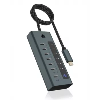 ICY BOX IB-HUB1457-C31 USB 3.2 Gen 1 Type-C 7 portu USB-C centrmezgls ar 20 W uzlādi un displeju, zils/pelēks