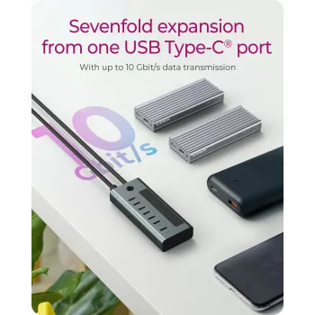 ICY BOX IB-HUB1457-C31 USB 3.2 Gen 1 Type-C 7 portu USB-C centrmezgls ar 20 W uzlādi un displeju, zils/pelēks
