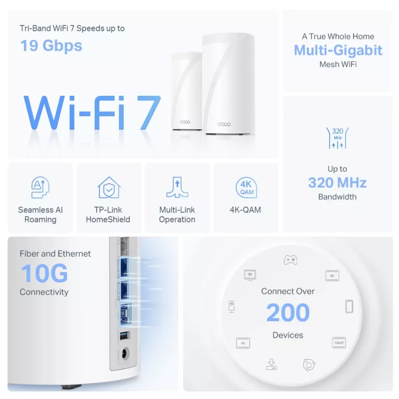 TP-Link Deco BE85 BE19000 Veselas Mājas Tīkla Wi-Fi 7 Mesh Sistēma (Trīsjoslu)
