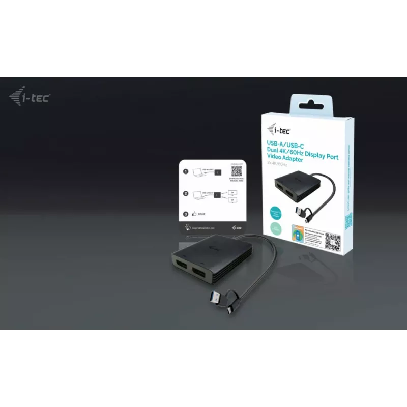 i-tec USB-A/USB-C Divkāršs 4K/60 Hz DisplayPort video adapteris, 0,27 m