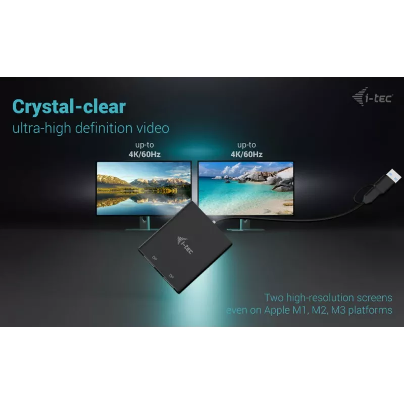 i-tec USB-A/USB-C Divkāršs 4K/60 Hz DisplayPort video adapteris, 0,27 m
