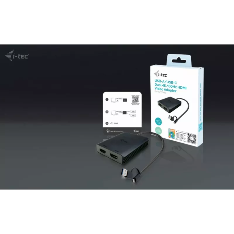 i-tec CADUAL4KHDMI USB-A/USB-C video adapteris diviem 4K/60 Hz HDMI monitoriem, 2x HDMI ligzdas, 0,27 m, 3840 x 2160, melnā krāsā
