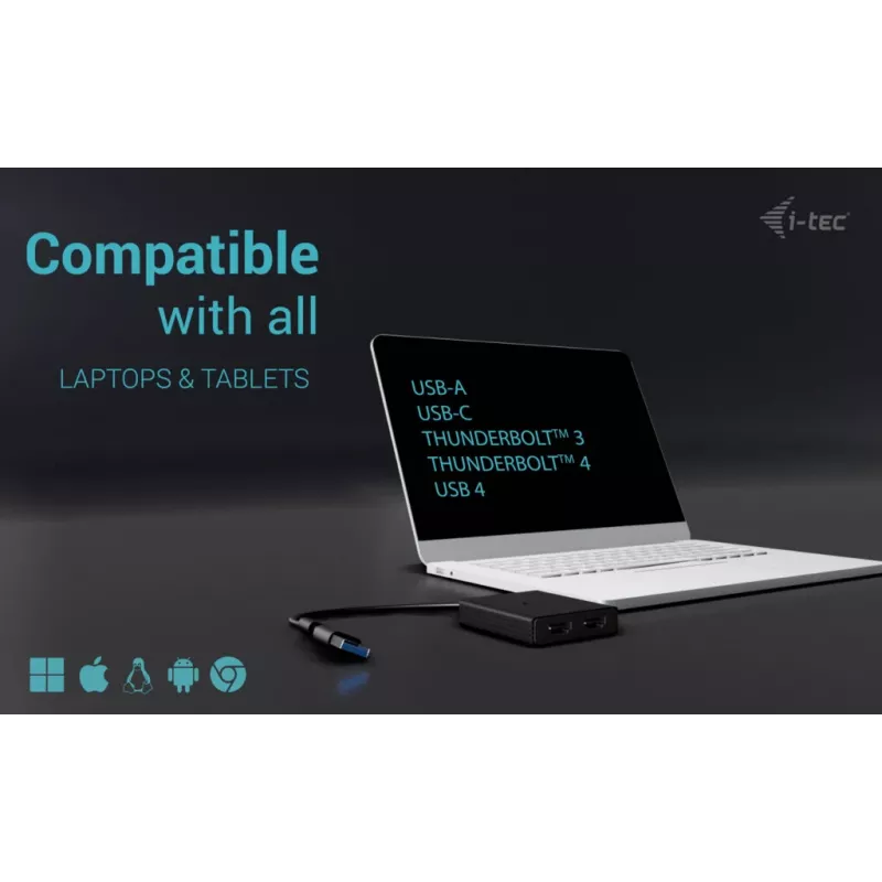 i-tec CADUAL4KHDMI USB-A/USB-C video adapteris diviem 4K/60 Hz HDMI monitoriem, 2x HDMI ligzdas, 0,27 m, 3840 x 2160, melnā krāsā
