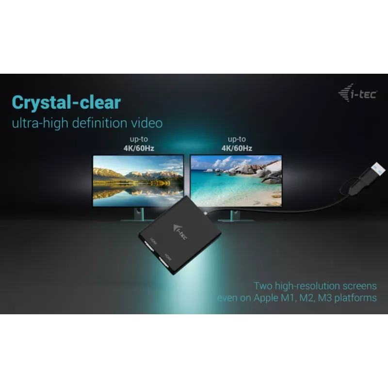 i-tec CADUAL4KHDMI USB-A/USB-C video adapteris diviem 4K/60 Hz HDMI monitoriem, 2x HDMI ligzdas, 0,27 m, 3840 x 2160, melnā krāsā