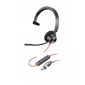 HP Poly Blackwire 3310 Monourālās austiņas Microsoft Teams sertificēts USB-C + USB-C/A adapteris