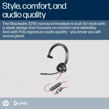 HP Poly Blackwire 3310 Monourālās austiņas Microsoft Teams sertificēts USB-C + USB-C/A adapteris