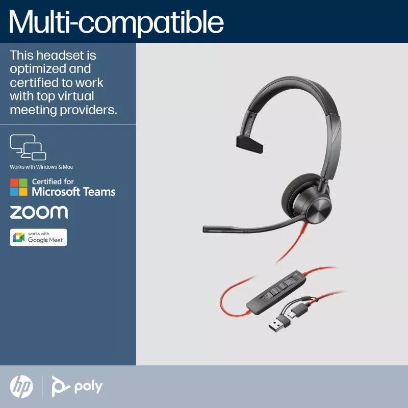 HP Poly Blackwire 3310 Monourālās austiņas Microsoft Teams sertificēts USB-C + USB-C/A adapteris