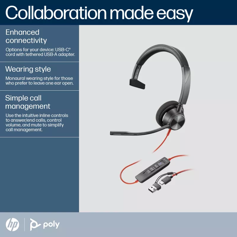 HP Poly Blackwire 3310 Monourālās austiņas Microsoft Teams sertificēts USB-C + USB-C/A adapteris