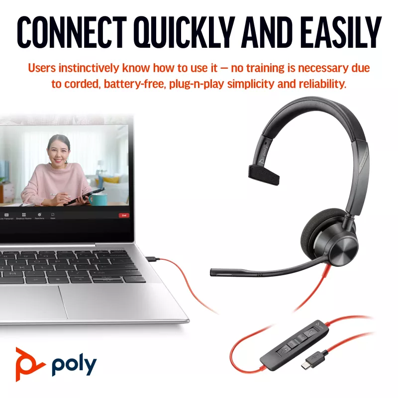 HP Poly Blackwire 3310 Monourālās austiņas Microsoft Teams sertificēts USB-C + USB-C/A adapteris