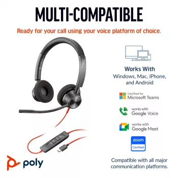 HP Poly Blackwire 3320 Stereo USB-C austiņas ar USB-C/A adapteri