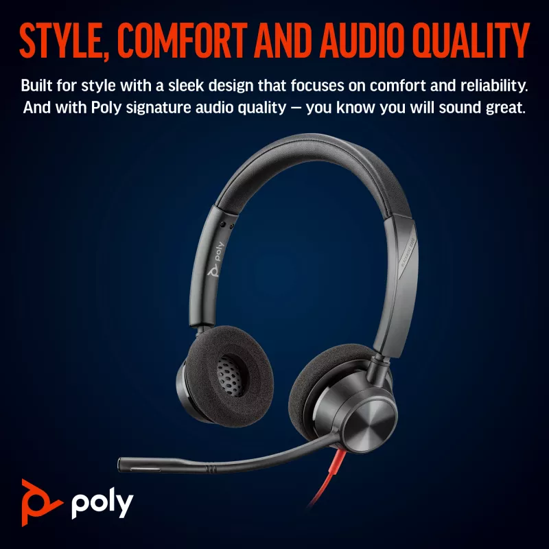 HP Poly Blackwire 3320 Stereo USB-C austiņas ar USB-C/A adapteri