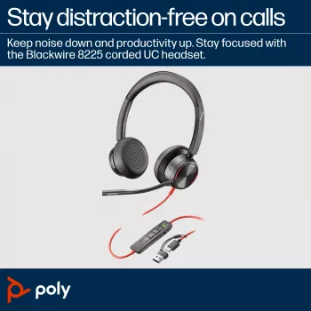 HP Poly Blackwire 8225 Stereo USB-C austiņas ar USB-C/A adapteri