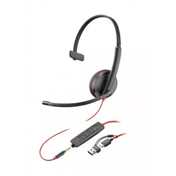 Poly Blackwire 3215 Monauralis Vadausts Ausu komplekts ar USB-C un 3.5mm savienojumu + USB-C/A Adapteris