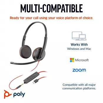 HP Poly Blackwire 3225 Stereo USB-C austiņas ar mikrofonu + 3.5mm ligzda + USB-C/A adapteris