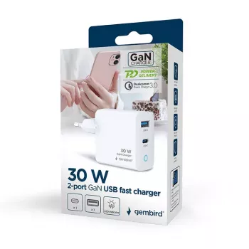 GEMBIRD 2-portu 30W GaN USB ātrais lādētājs LED balts — 1x USB-C PD 30W, 1x USB-A, 100–240V, 92 g