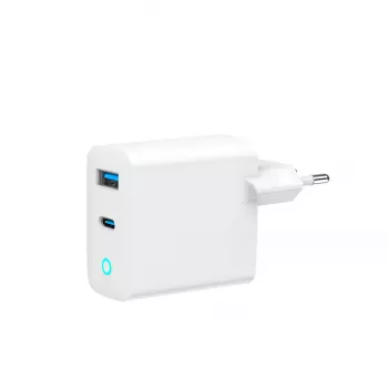 GEMBIRD 2-portu 30W GaN USB ātrais lādētājs LED balts — 1x USB-C PD 30W, 1x USB-A, 100–240V, 92 g