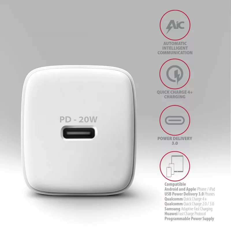 Axagon ACU-PD20W sienas lādētājs 1x QC3.0/AFC/FCP/PD type-C 20W balts