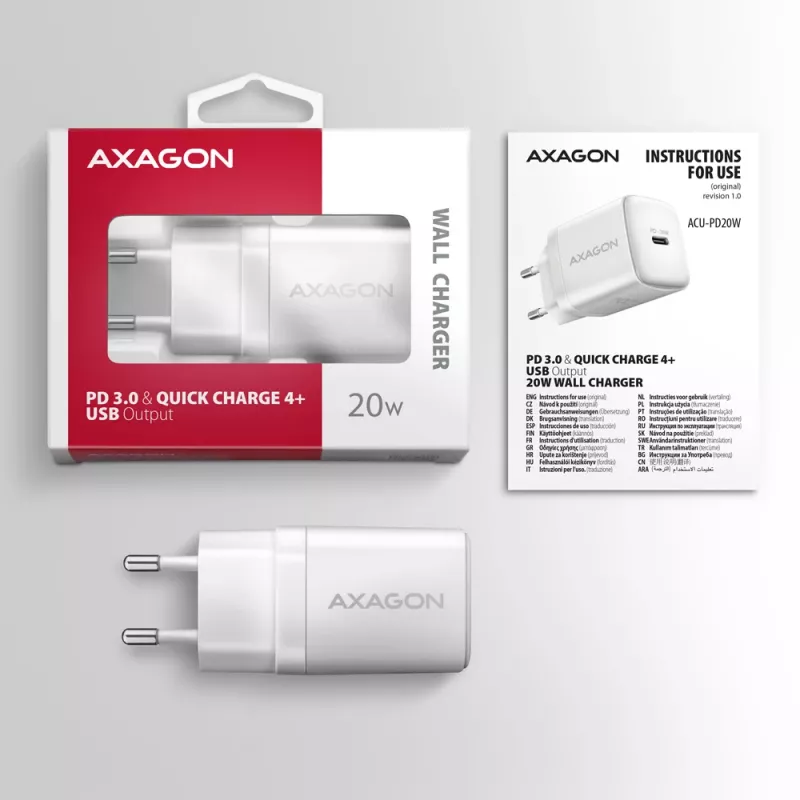Axagon ACU-PD20W sienas lādētājs 1x QC3.0/AFC/FCP/PD type-C 20W balts