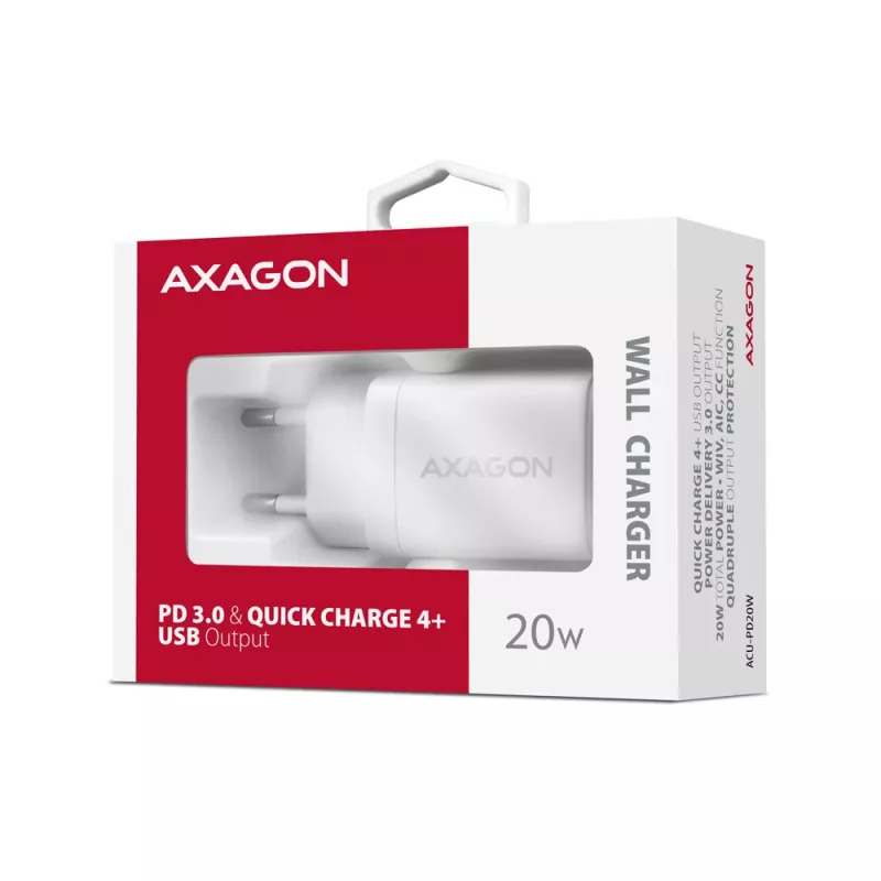 Axagon ACU-PD20W sienas lādētājs 1x QC3.0/AFC/FCP/PD type-C 20W balts