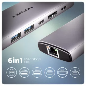 Axagon HMC-6G2L USB 10Gbps centrmezgls, 2x USB-A, 1x USB-C, HDMI 4k/60Hz, RJ-45, PD 100W