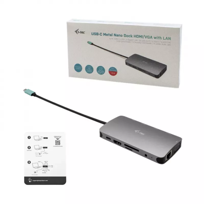 i-tec Metal USB-C Nano Dokstacija HDMI/VGA ar LAN un 100W Lādētājs