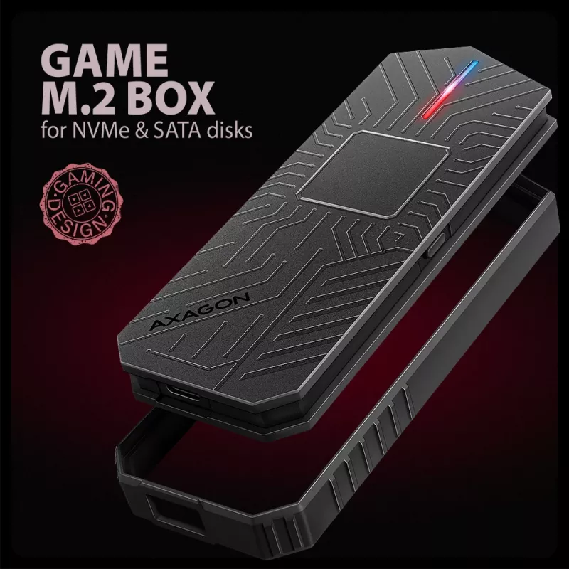 Axagon EEM2-GAM ārējais USB-C 10Gbps metāla korpuss M.2 NVMe un SATA SSD diskiem (bezskrūvju)