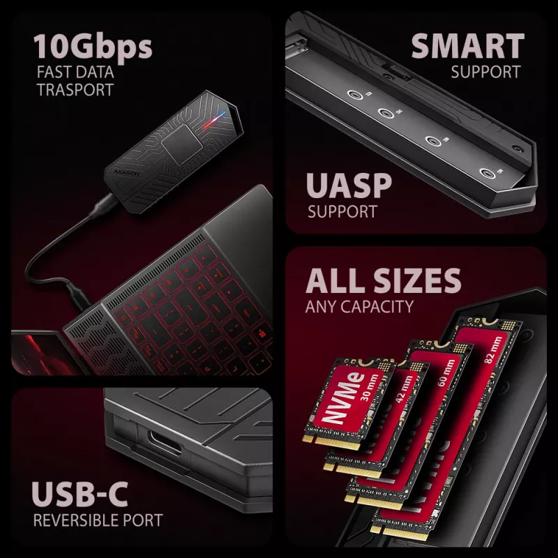 Axagon EEM2-GAM ārējais USB-C 10Gbps metāla korpuss M.2 NVMe un SATA SSD diskiem (bezskrūvju)