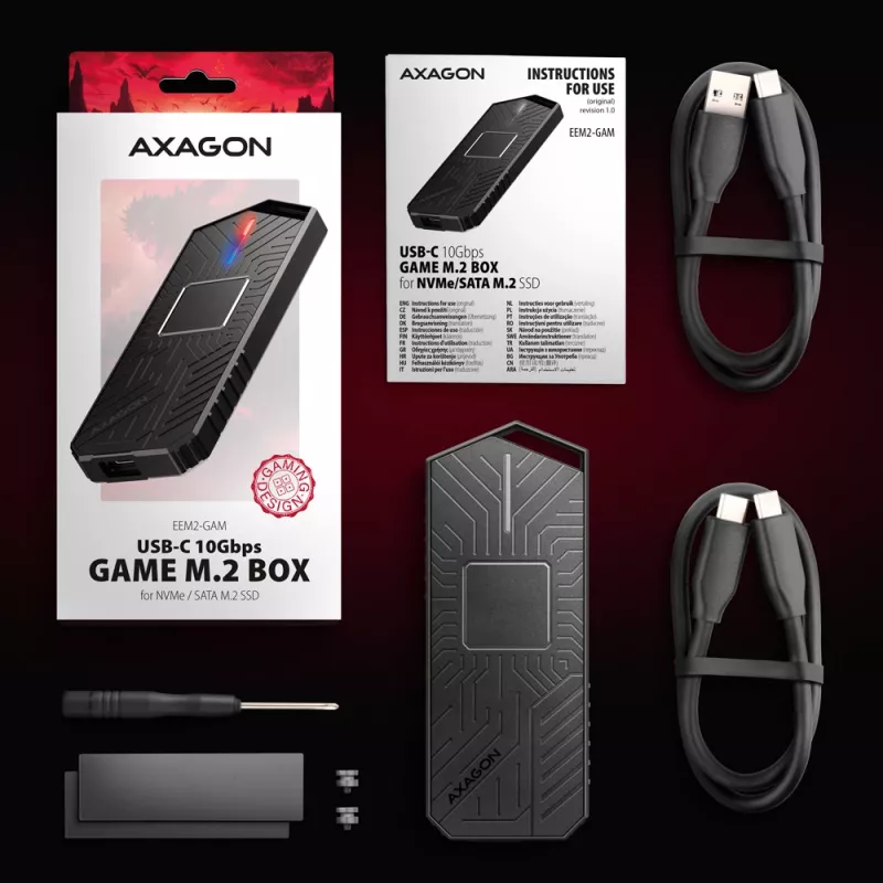 Axagon EEM2-GAM ārējais USB-C 10Gbps metāla korpuss M.2 NVMe un SATA SSD diskiem (bezskrūvju)