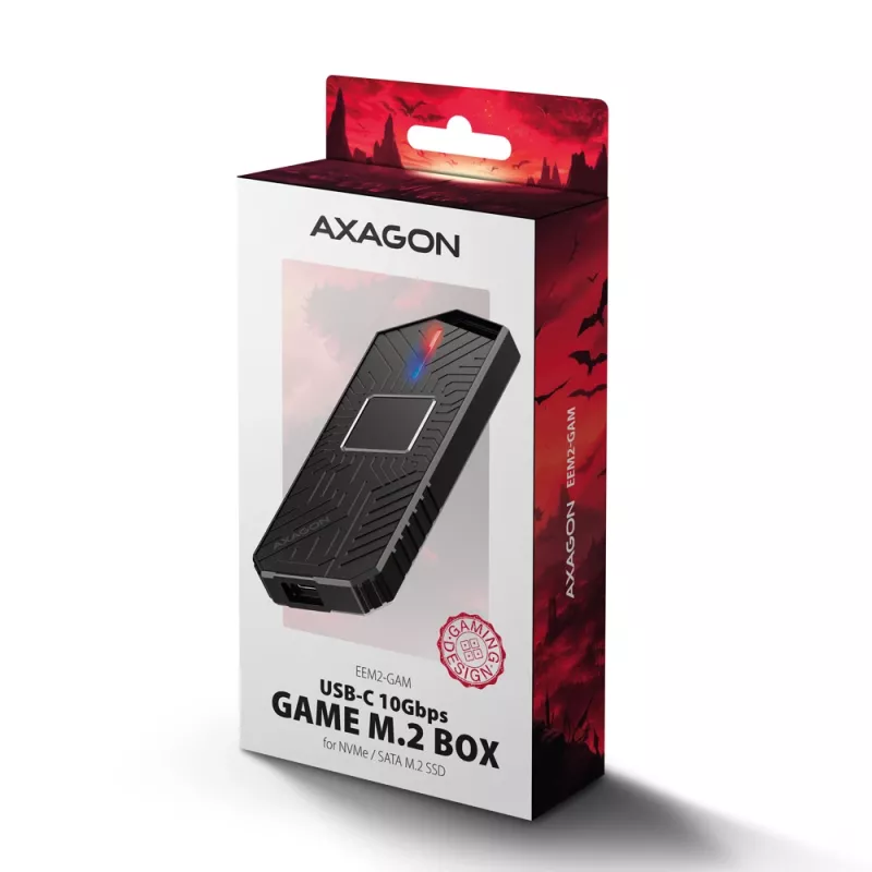 Axagon EEM2-GAM ārējais USB-C 10Gbps metāla korpuss M.2 NVMe un SATA SSD diskiem (bezskrūvju)