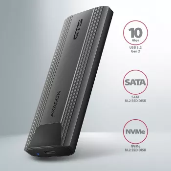 Axagon EEM2-GTS2 ārējā USB-C 10Gbps metāla kaste M.2 NVMe un SATA SSD diskiem, bezskrūvju