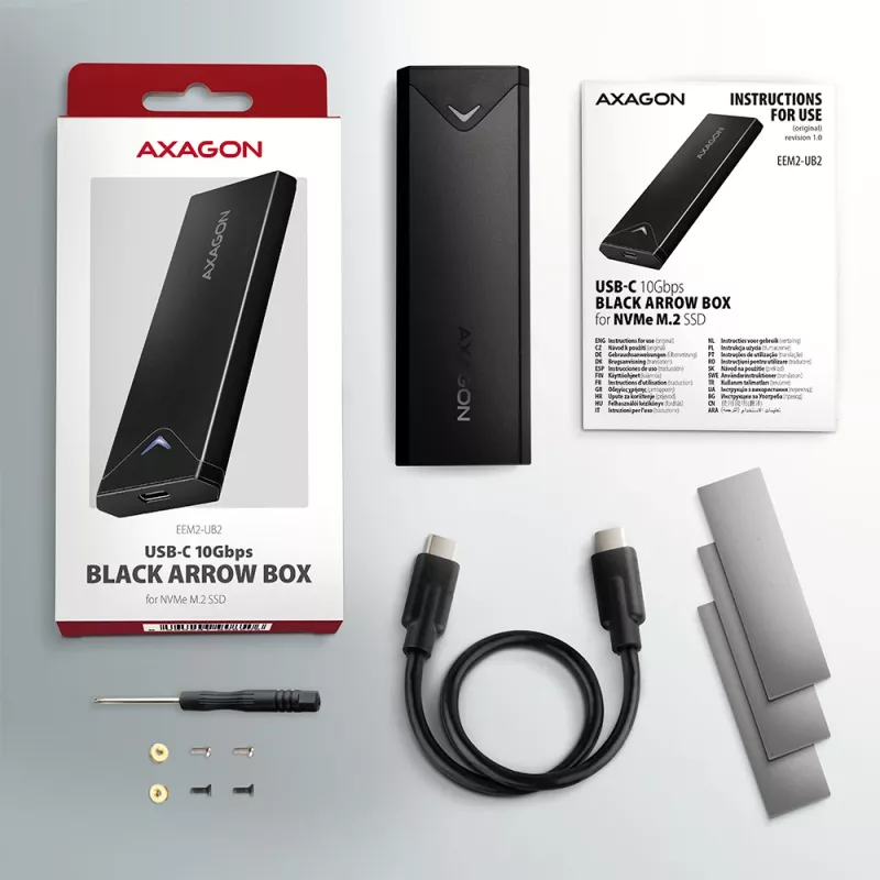 Axagon EEM2-UB2 ārējā USB-C 10Gbps metāla kaste M.2 NVMe SSD diskiem, melna