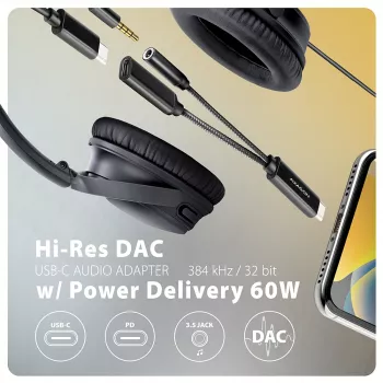 Axagon ADA-HCPD USB-C uz 3.5 mm ligzdu - Hi-Res DAC audio adapteris, 384kHz/32bit, PD 60W 3A