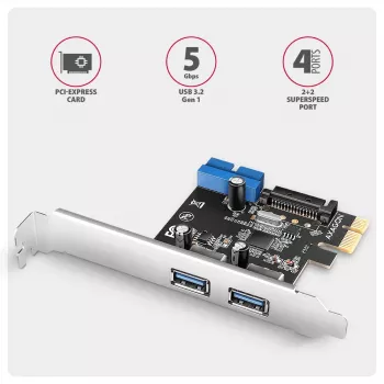 Axagon PCEU-232RS PCIe kontrolieris 2x ārējie + 2x iekšējie USB 5Gbps