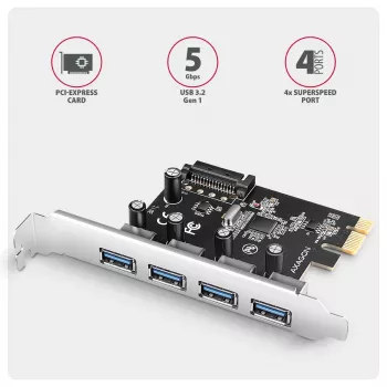 Axagon PCEU-430RS PCIe kontrolieris 4x ārējie USB-A 5Gbps porti, PCIe, USB 3.2 Gen 1, Sievišķais, Full-height, PCIe 2.0, SATA 15-pin