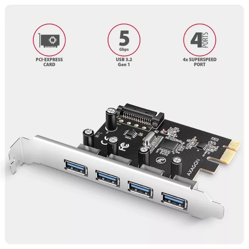 Axagon PCEU-430RS PCIe 2.0 x1 paplašinājuma karte, 4x ārējie USB-A 5 Gbps porti (USB 3.2 Gen 1), Renesas PD720201, UASP, SATA 15 kontaktu strāvas pieslēgums