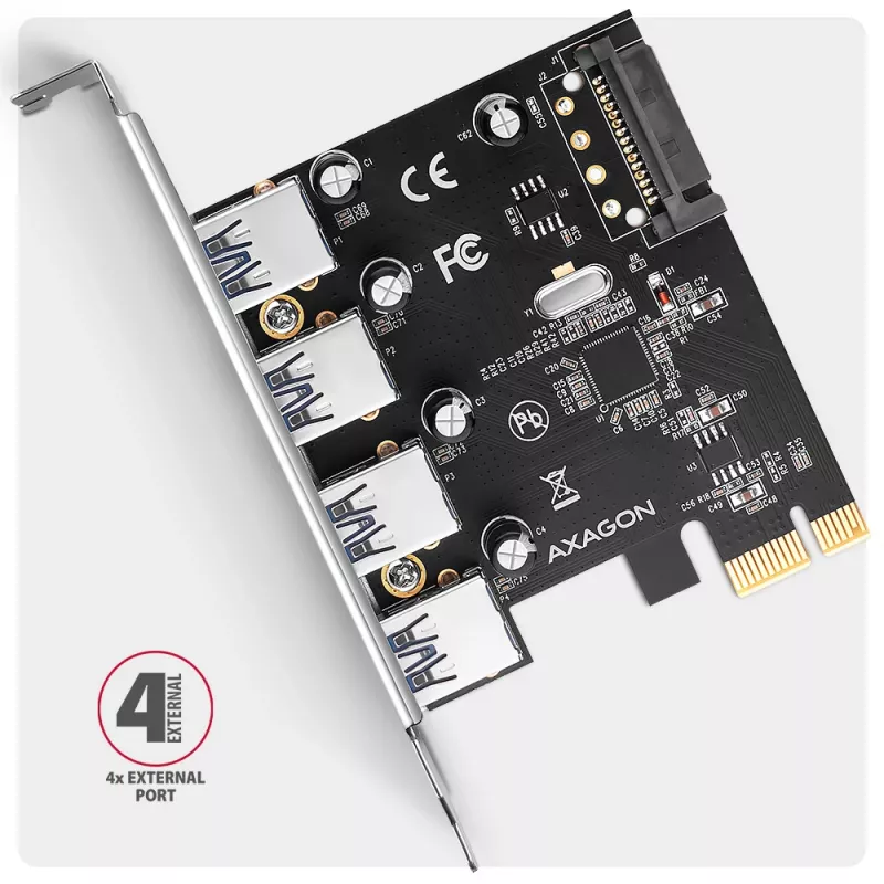 Axagon PCEU-430RS PCIe 2.0 x1 paplašinājuma karte, 4x ārējie USB-A 5 Gbps porti (USB 3.2 Gen 1), Renesas PD720201, UASP, SATA 15 kontaktu strāvas pieslēgums