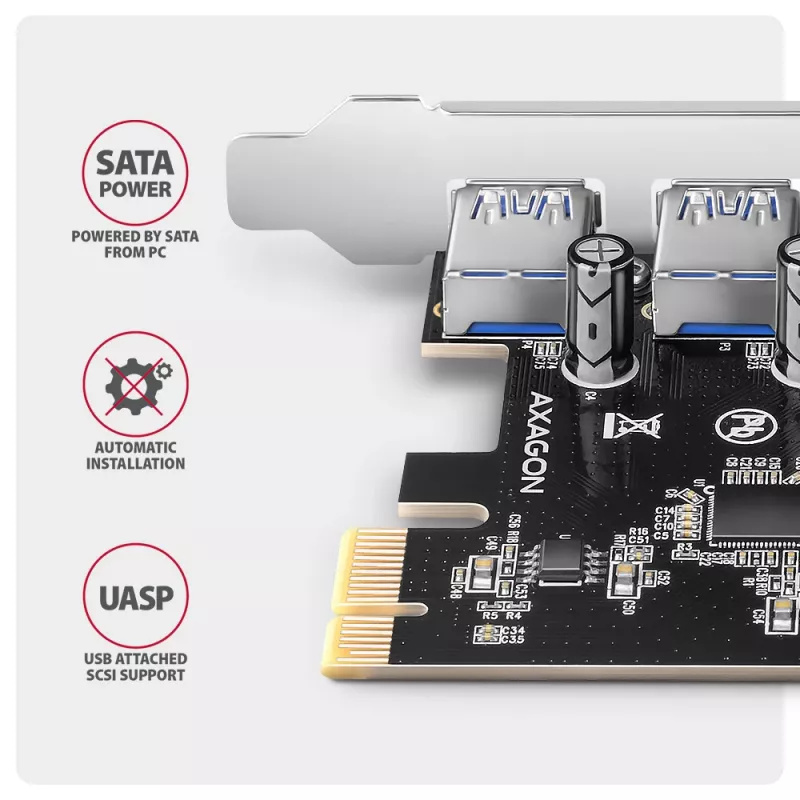 Axagon PCEU-430RS PCIe 2.0 x1 paplašinājuma karte, 4x ārējie USB-A 5 Gbps porti (USB 3.2 Gen 1), Renesas PD720201, UASP, SATA 15 kontaktu strāvas pieslēgums