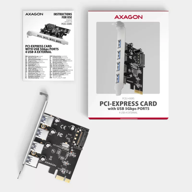 Axagon PCEU-430RS PCIe 2.0 x1 paplašinājuma karte, 4x ārējie USB-A 5 Gbps porti (USB 3.2 Gen 1), Renesas PD720201, UASP, SATA 15 kontaktu strāvas pieslēgums